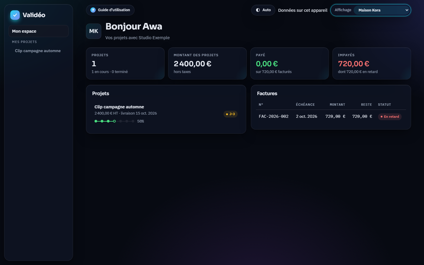 Accueil de l'espace client