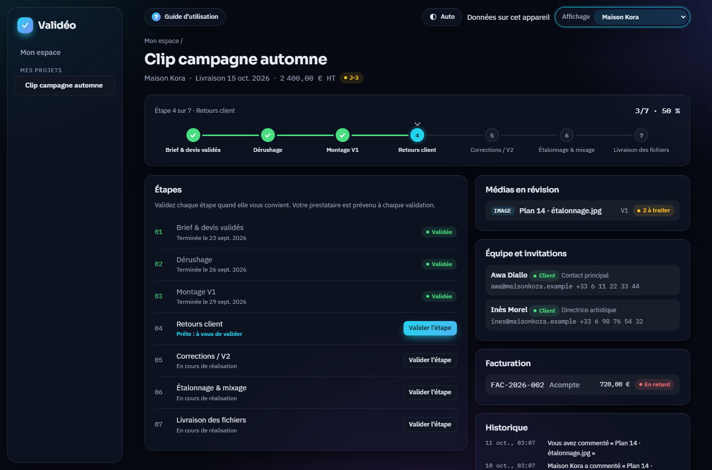 Espace client : étapes du projet avec boutons Valider l'étape