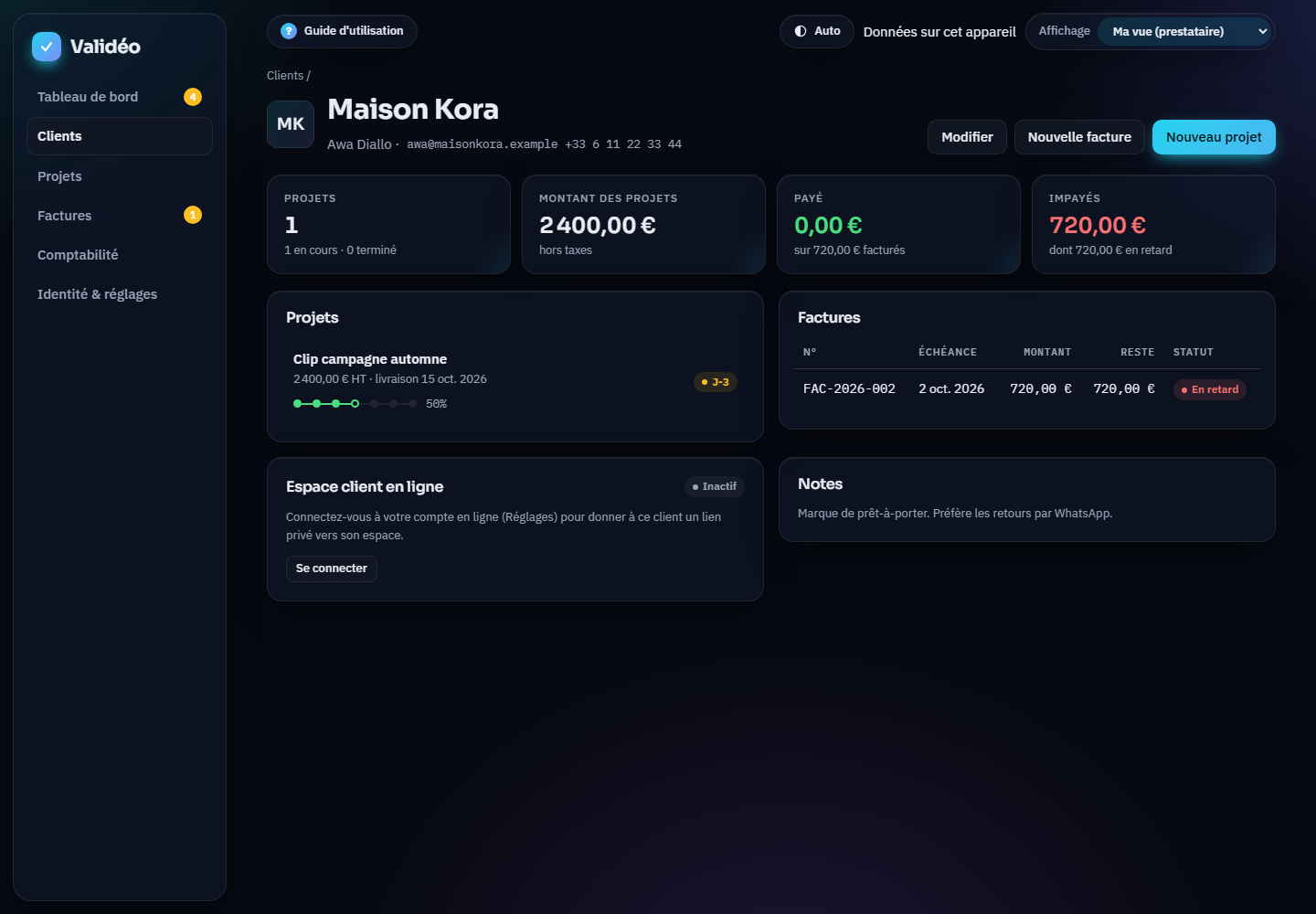 Fiche client avec chiffres, projets et factures
